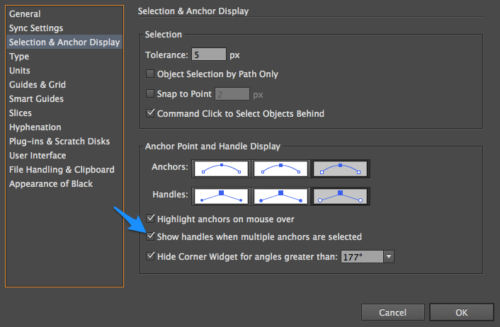 Préférences Illustrator pour les l'affichage des points d'ancrage et des sélections